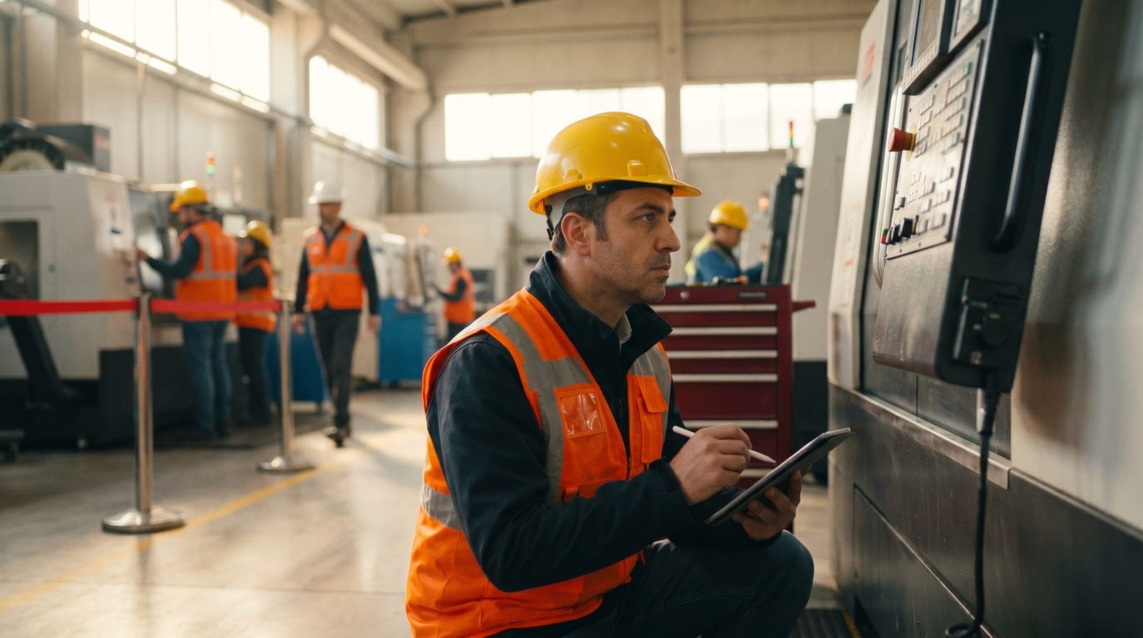 B sınıfı iş güvenliği uzmanı fabrikada makine denetimi yapıyor