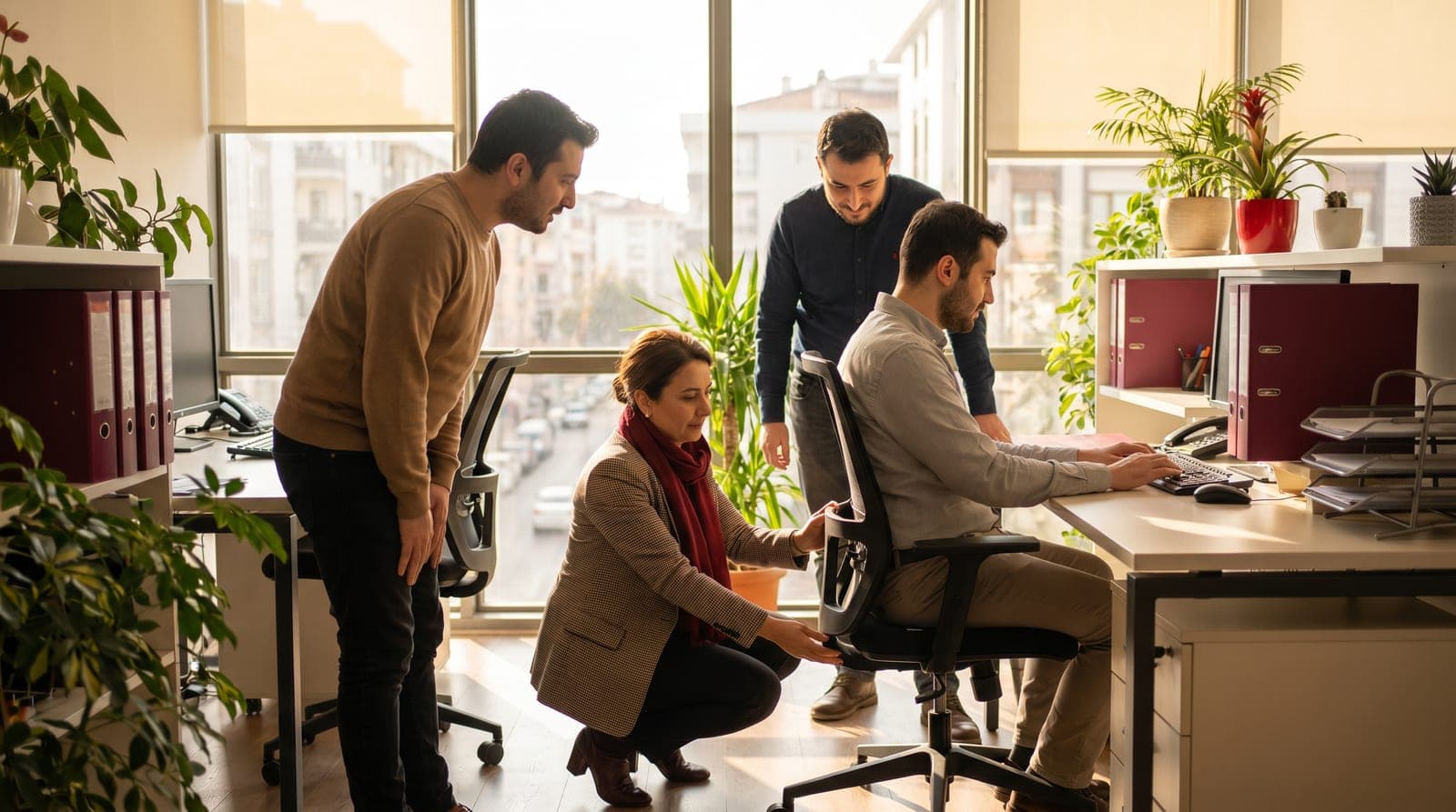 Ofis ortamında ergonomi eğitimi veren iş güvenliği uzmanı ve çalışanlar