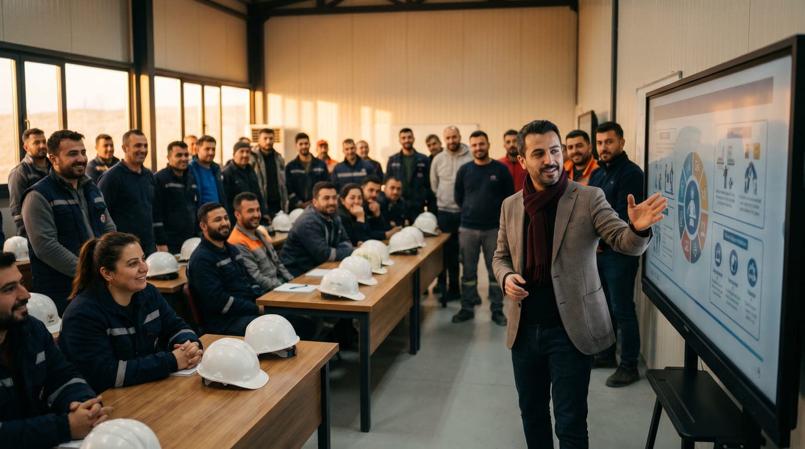 İş sağlığı ve güvenliği eğitimi alan saha çalışanları ve eğitmen