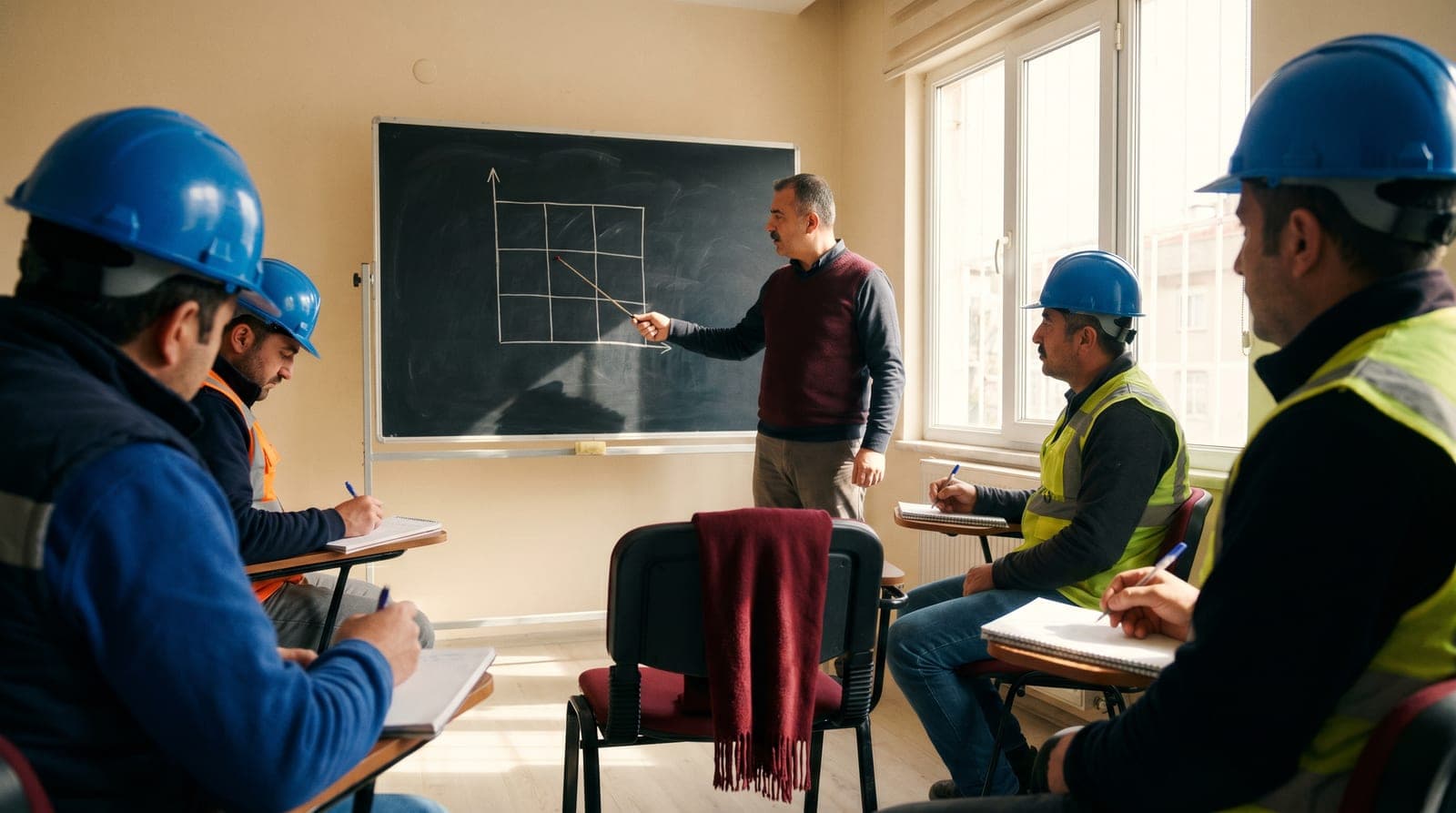 İSG eğitim sınıfında risk matrisi anlatan eğitmen ve katılımcılar