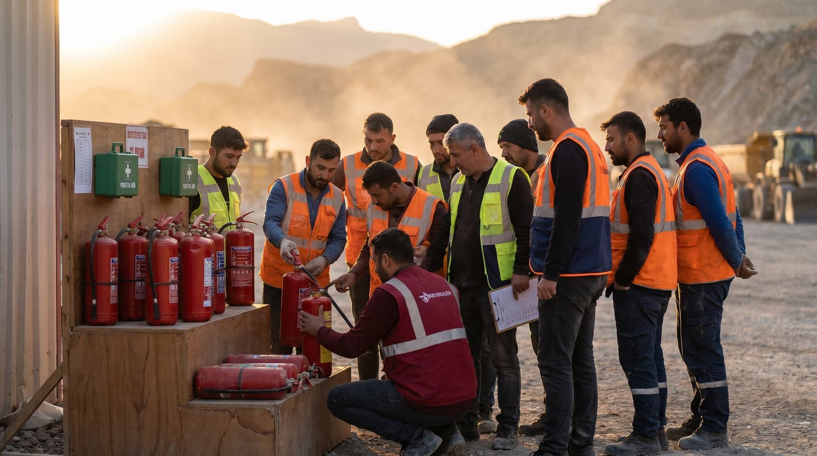 Acil durum destek elemanları yangın ve kurtarma ekipmanlarını kontrol ederken