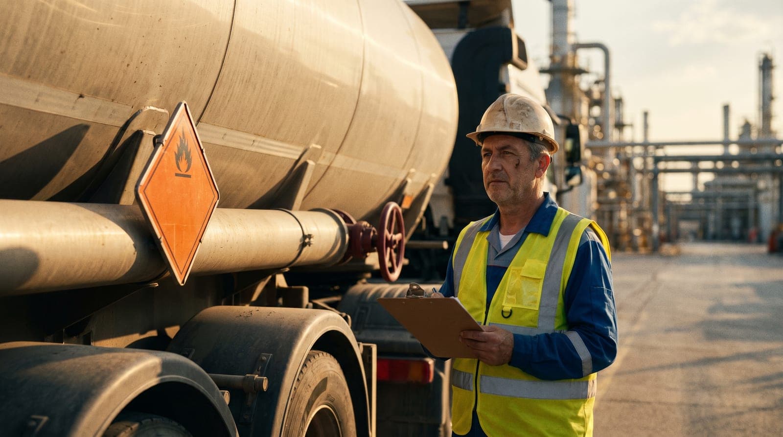 Güneşli bir günde sanayi tesisinde üzerinde turuncu tehlikeli madde levhası bulunan bir tankerin yanında duran baretli uzman