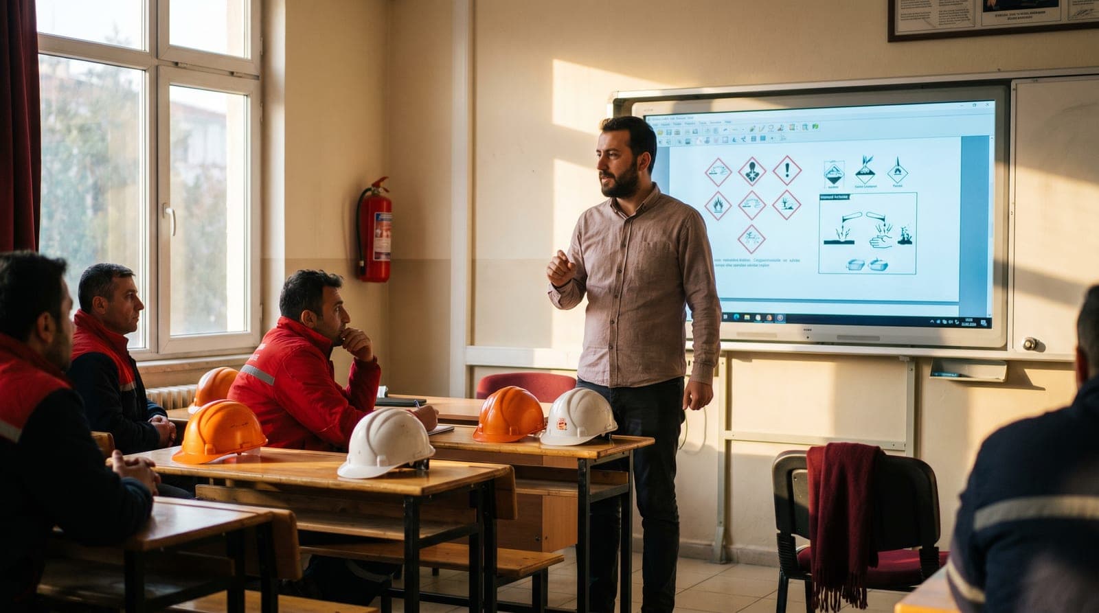 Sınıf ortamında tehlikeli madde sınıflarını anlatan eğitmen ve kursiyerler
