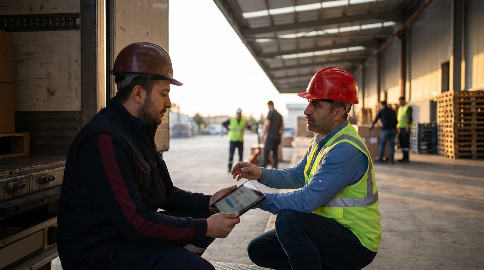 Kamyon yükleme talimatlarını tabletten inceleyen İSG uzmanı ve lojistik şefi