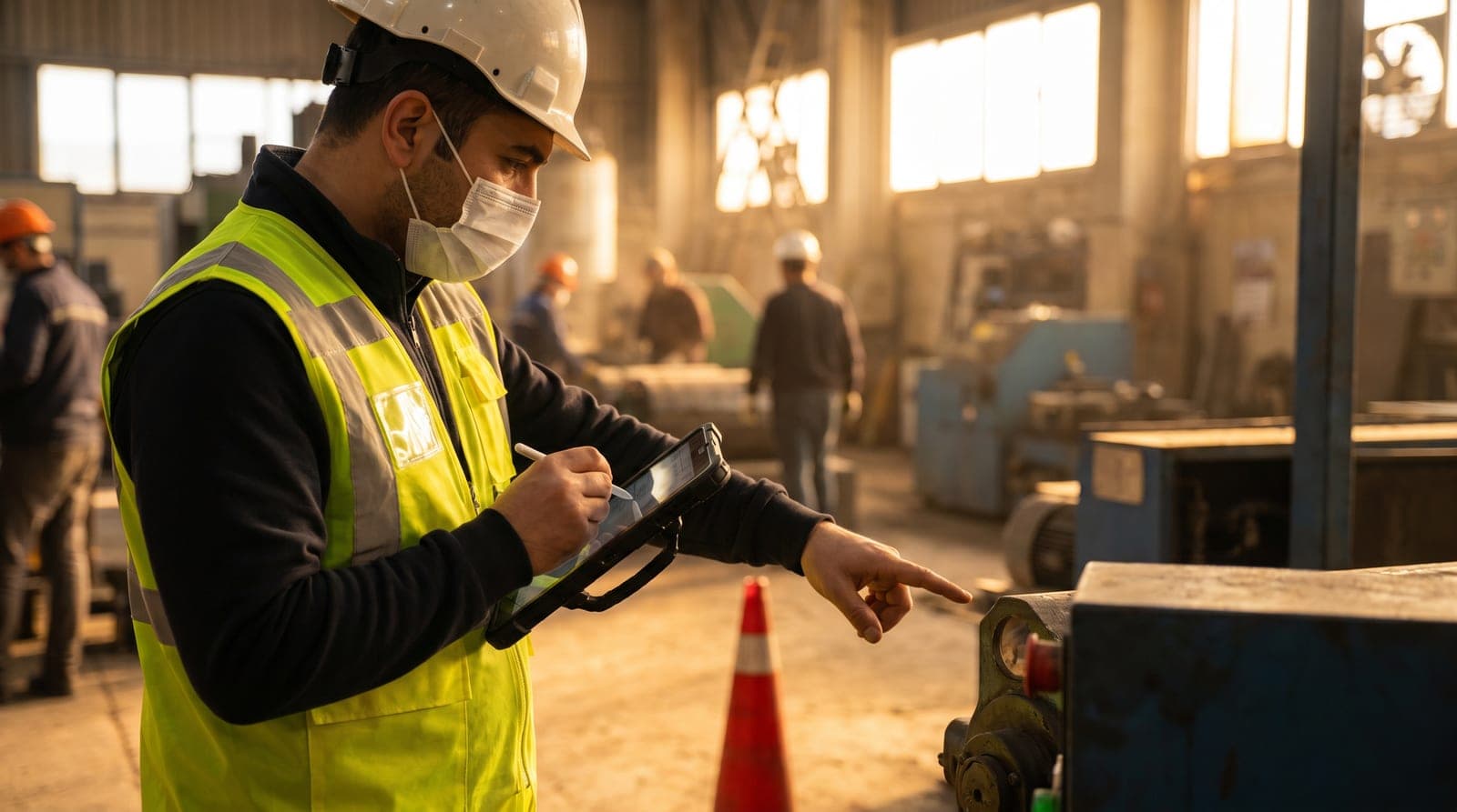 Baretli ve reflektörlü yelekli bir mühendis, fabrika sahasında elinde tabletle risk analizi notları alıyor
