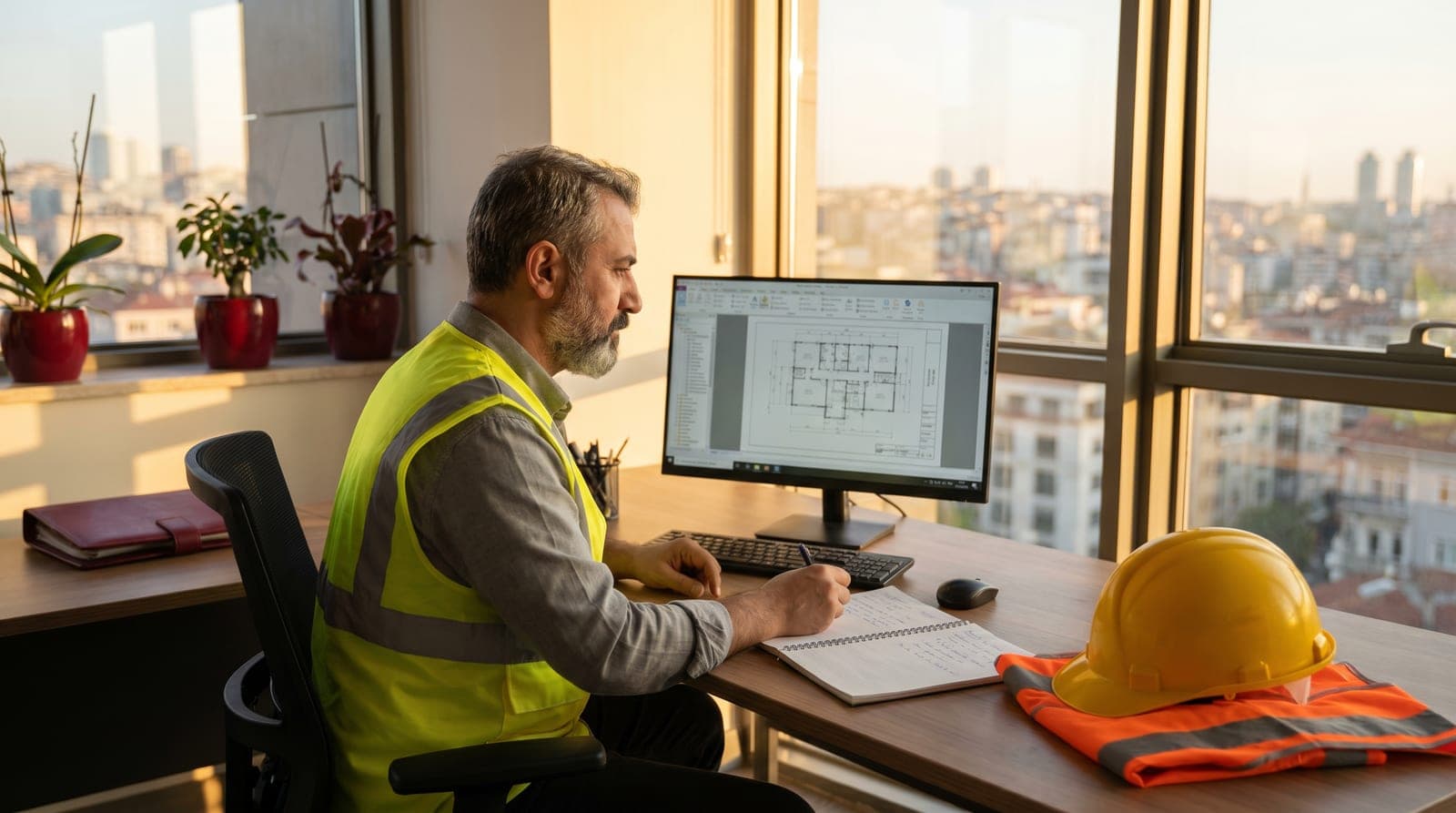 Baret ve reflektörlü yelek giymiş iş güvenliği uzmanı adayı bilgisayar başında eğitim modüllerini inceliyor