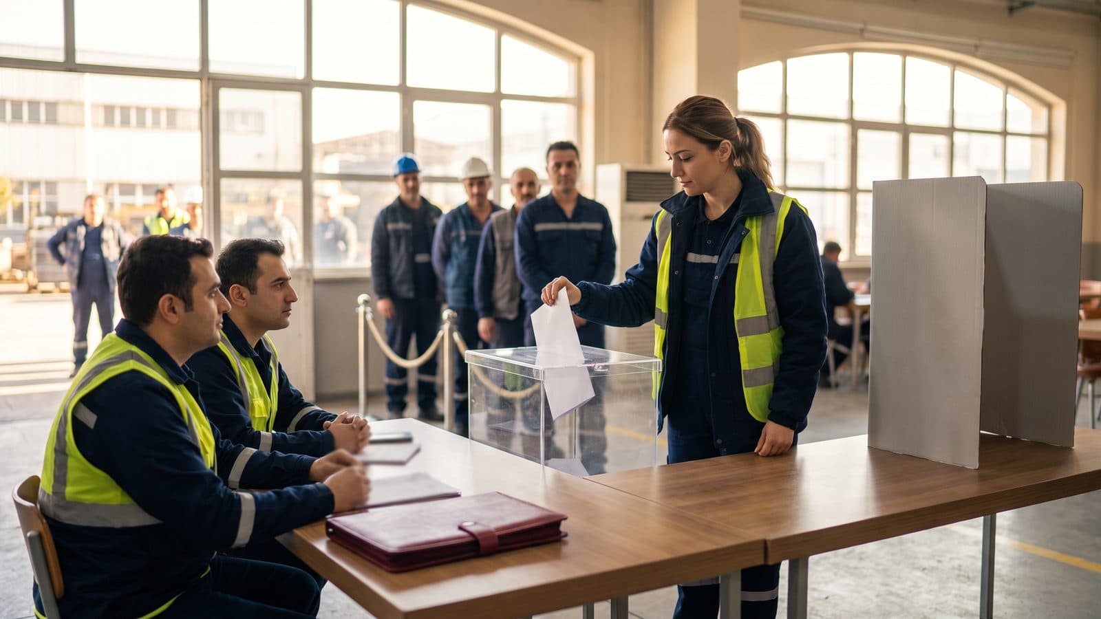 Fabrika yemekhanesinde iş kıyafetli bir kadın çalışan, katlanmış oy pusulasını şeffaf sandığa atıyor, iki görevli izliyor.