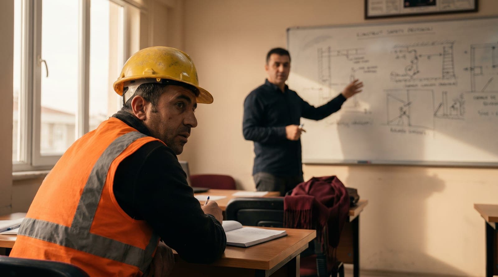 İş güvenliği sınıf yükseltme eğitiminde ders dinleyen kursiyer