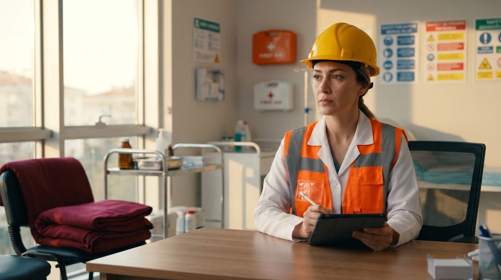 İş sağlığı ve güvenliği temalı revir ortamında baret ve reflektörlü yelek giymiş sağlık personeli not alıyor