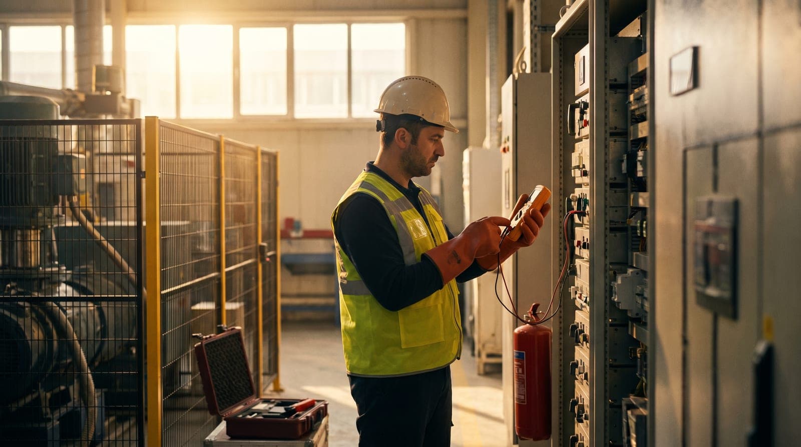İzole eldiven ve baret takan teknisyenin elektrik panosunda güvenli çalışma anı