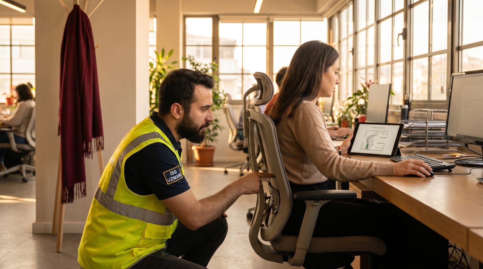İSG uzmanı reflektörlü yeleğiyle ofis çalışanına doğru ergonomik duruşu uygulamalı olarak gösteriyor