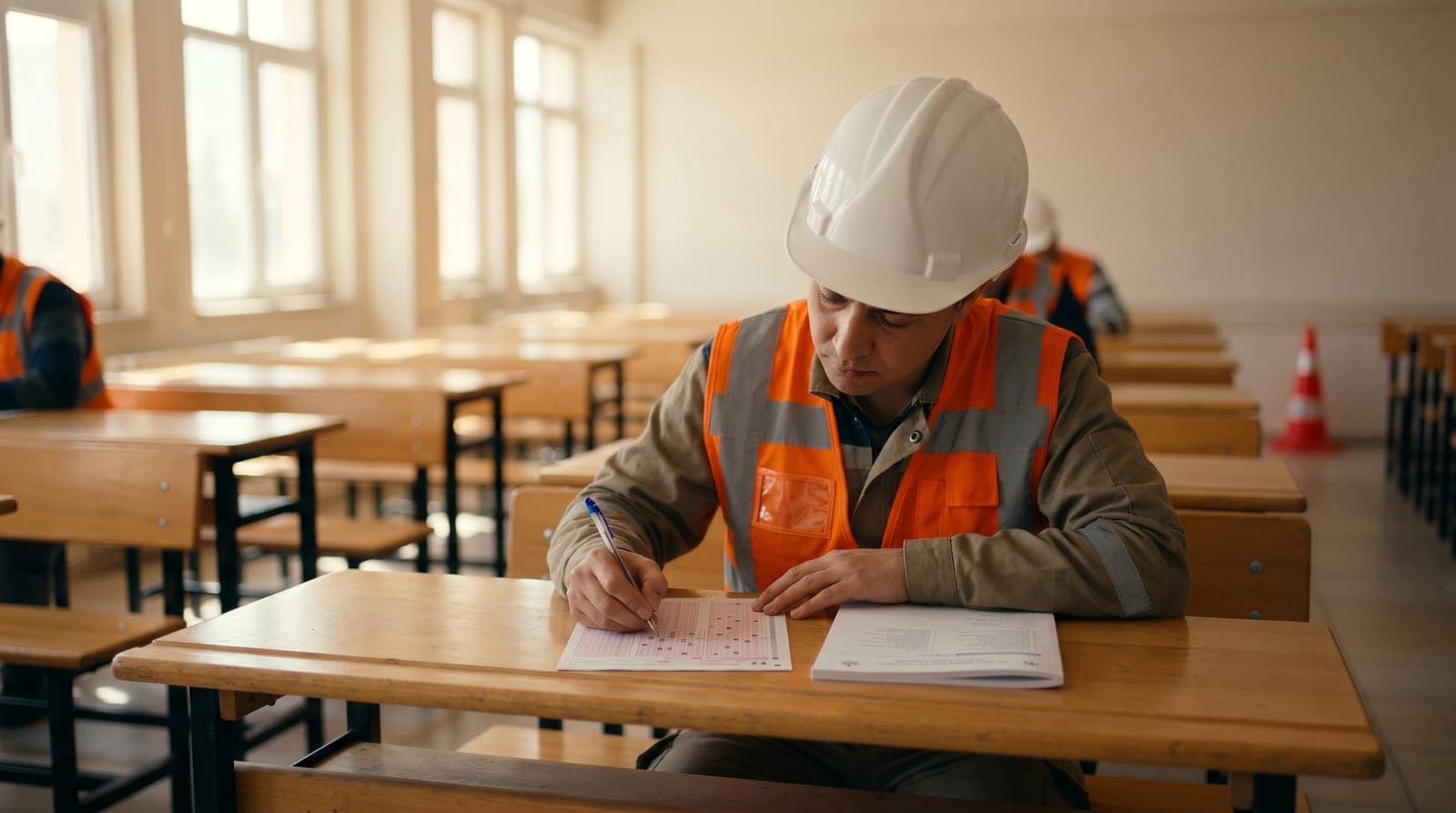 Sınav salonunda odaklanmış şekilde soruları çözen baretli ve reflektörlü yelekli İSG uzmanı adayı