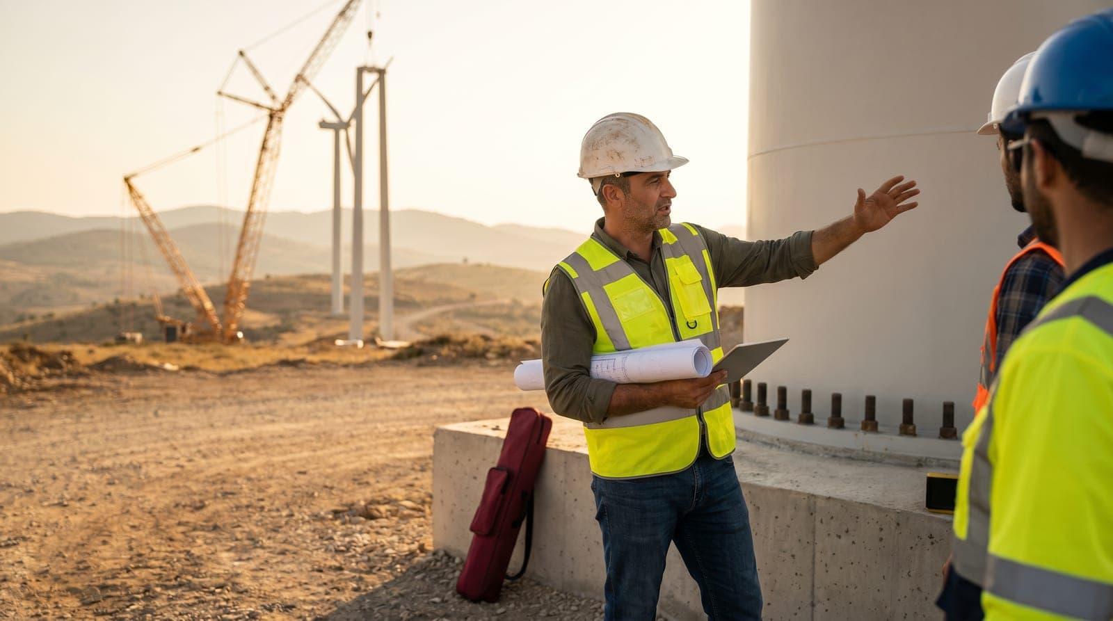 Rüzgar enerjisi şantiyesinde planları inceleyen baretli iş güvenliği uzmanı