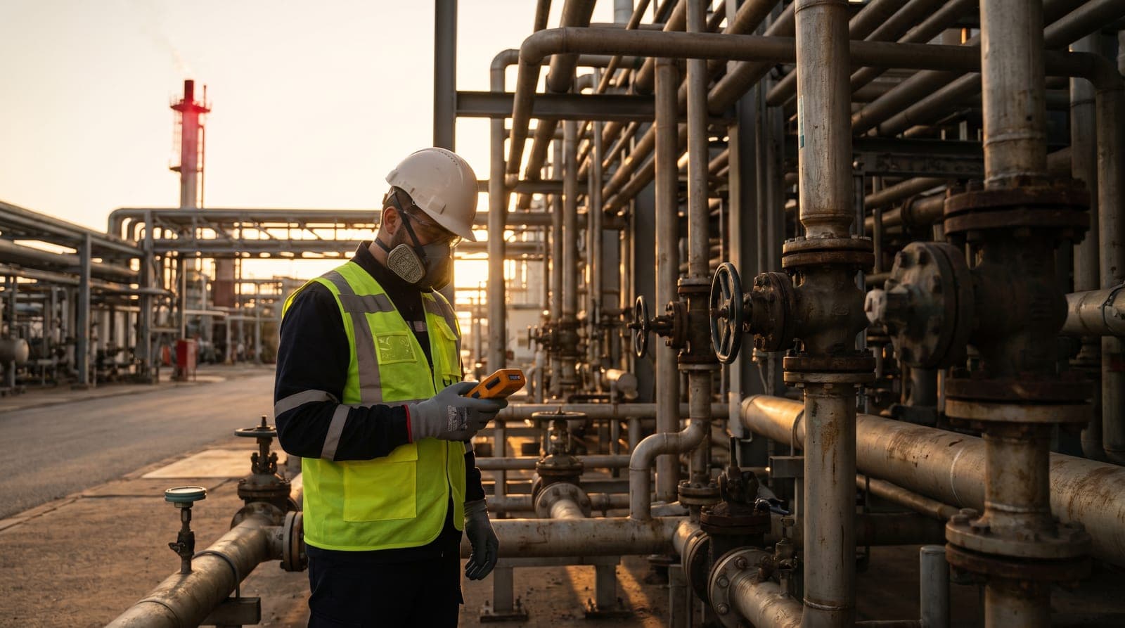 Petrokimya tesisinde saha denetimi gerçekleştiren İSG uzmanı