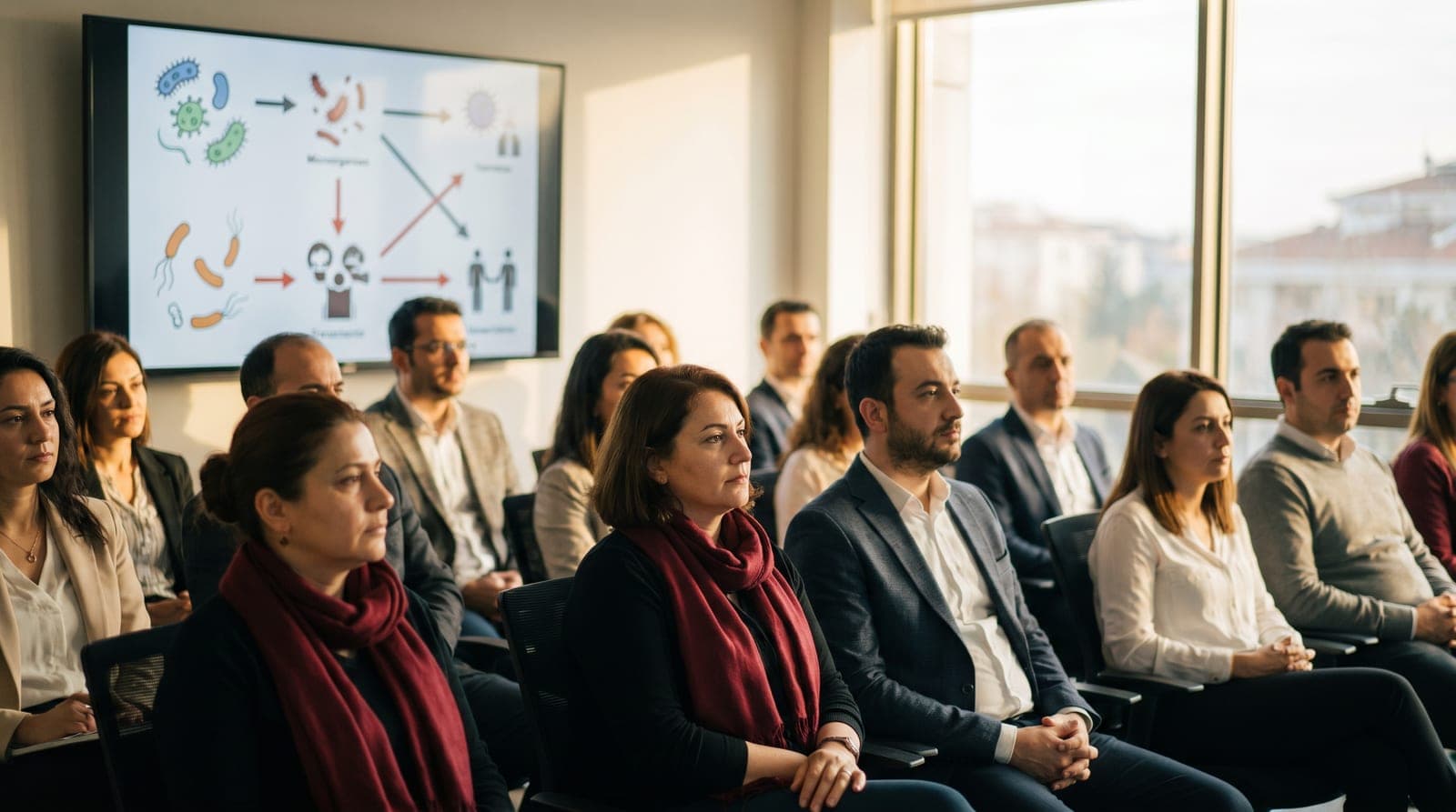 Eğitim salonunda hijyen kurallarının anlatıldığı ders ortamı