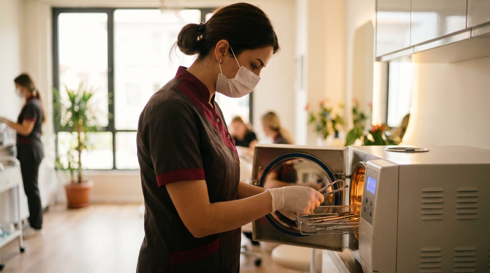 Güzellik merkezinde sterilizasyon cihazı kullanan personel