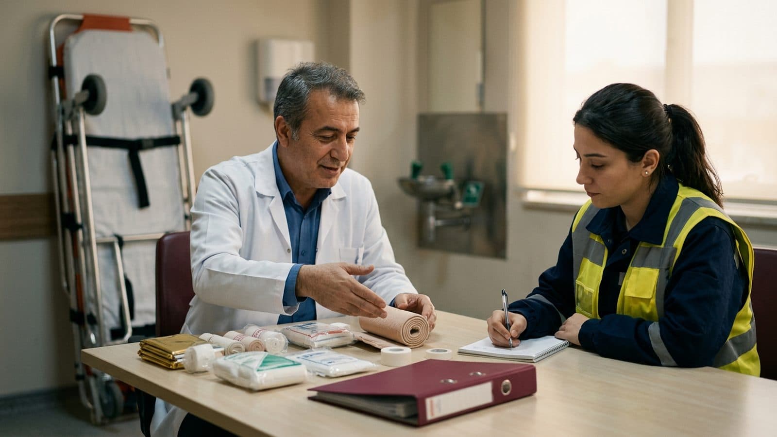İşyeri hekimi ile ilk yardım ekip başı, sağlık biriminde masaya dizilen sargı bezi, atel ve battaniyeyi tek tek inceliyor.