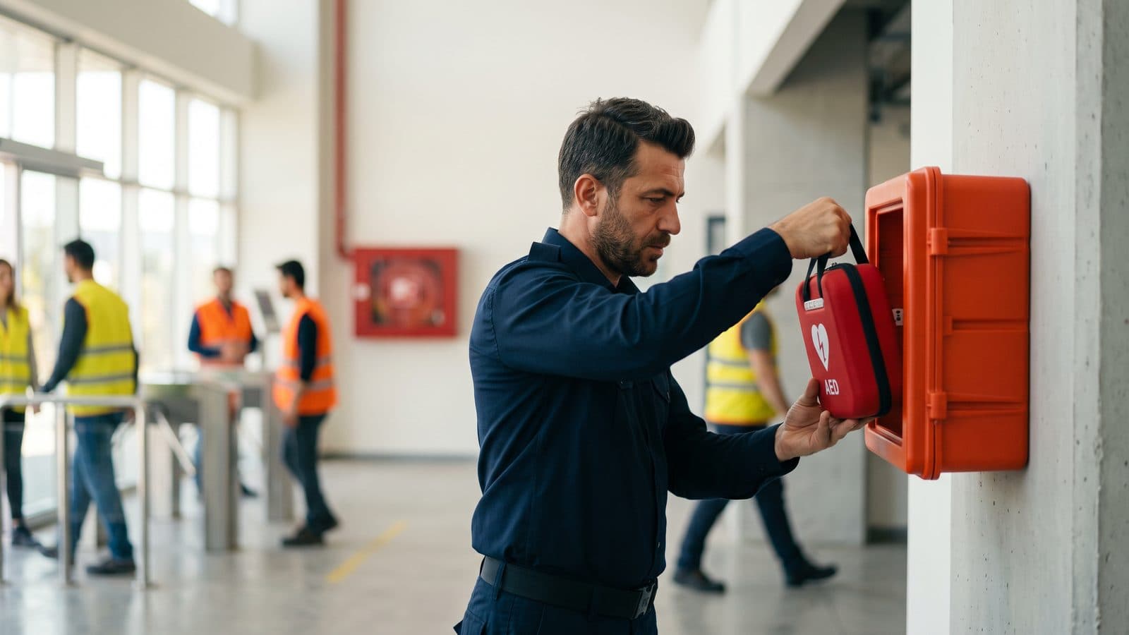 Fabrika giriş holünde güvenlik görevlisi, duvardaki alarmlı koruyucu kabini açarak taşınabilir otomatik şok cihazını alıyor.