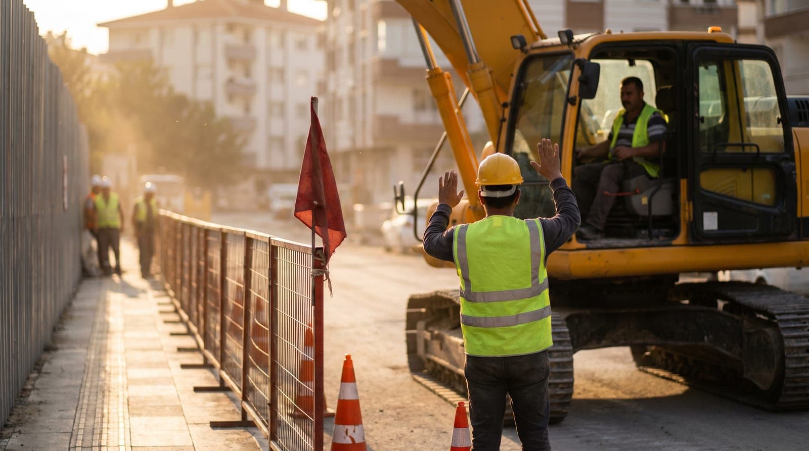 Şantiyede iş makinesi ve işaretçi iletişimi