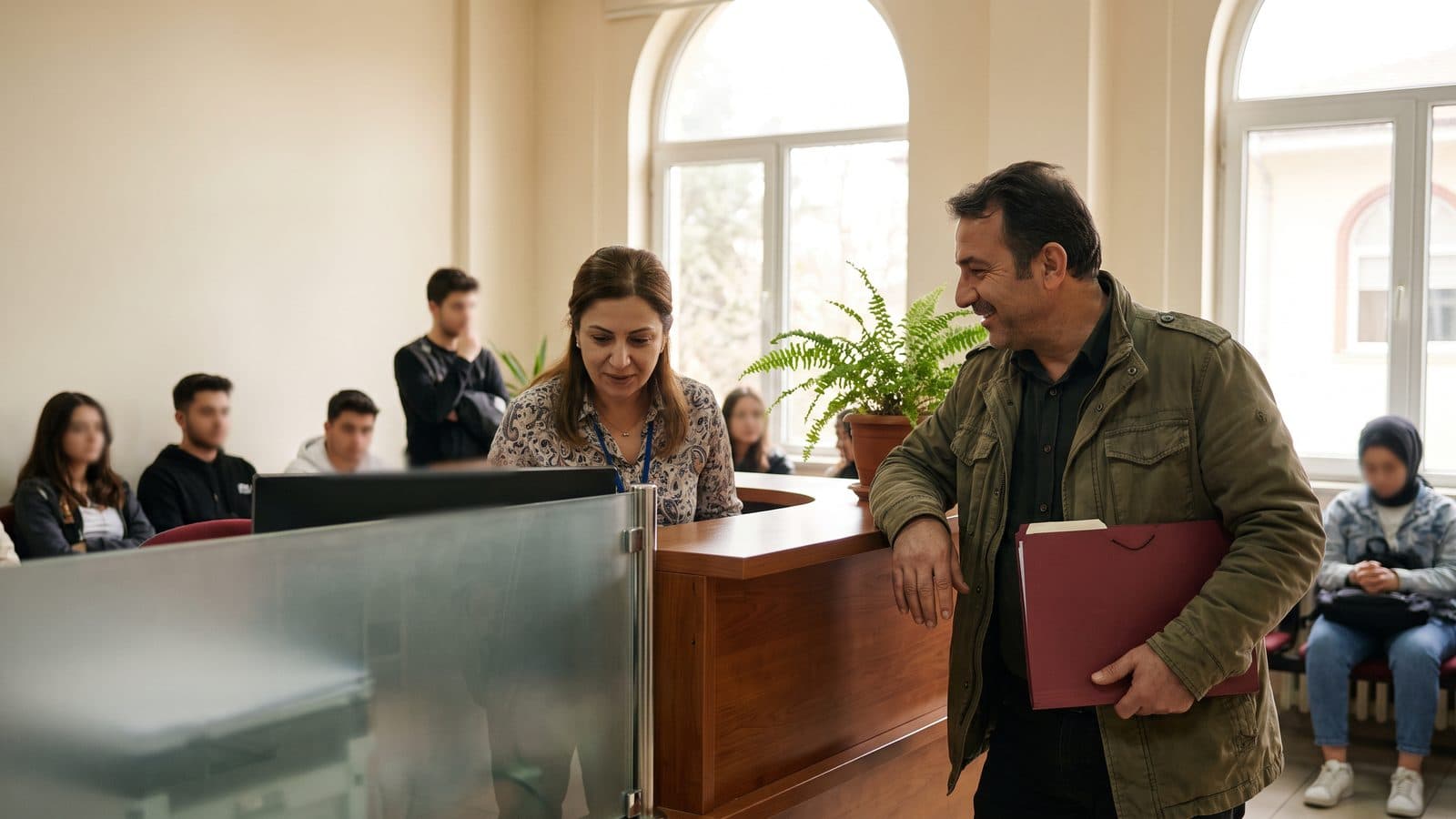 Yüksek lisans mezunu bir aday, üniversitenin öğrenci işleri bankosunda görevliyle mezuniyet kaydını kontrol ediyor.