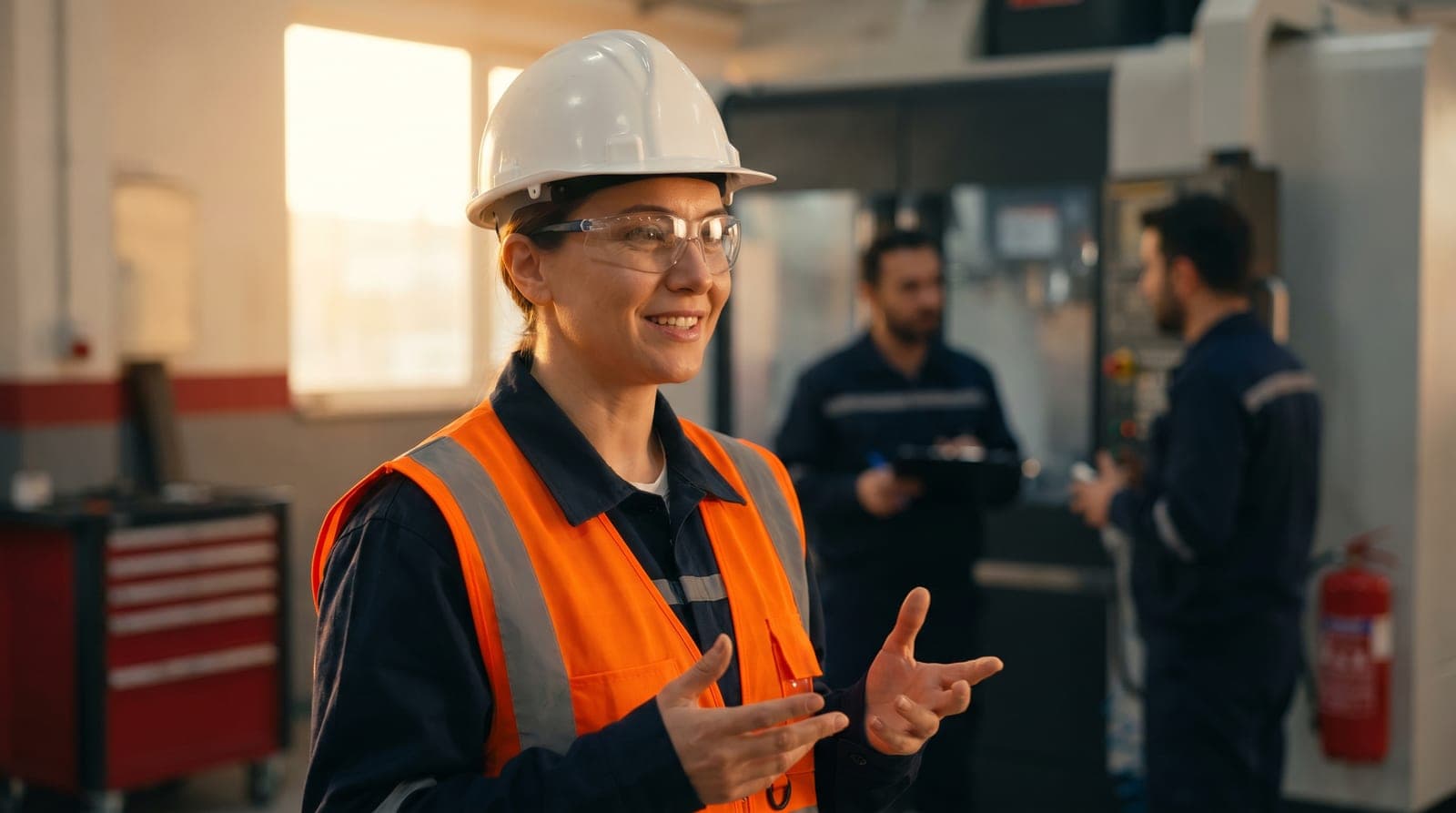 Fabrika ortamında çalışanlarla iletişim kuran kadın iş güvenliği uzmanı