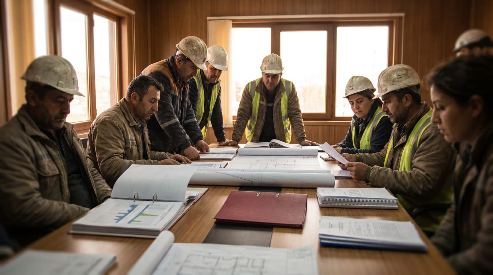 Toplantı masasında risk değerlendirme raporlarını inceleyen İSG ekibi