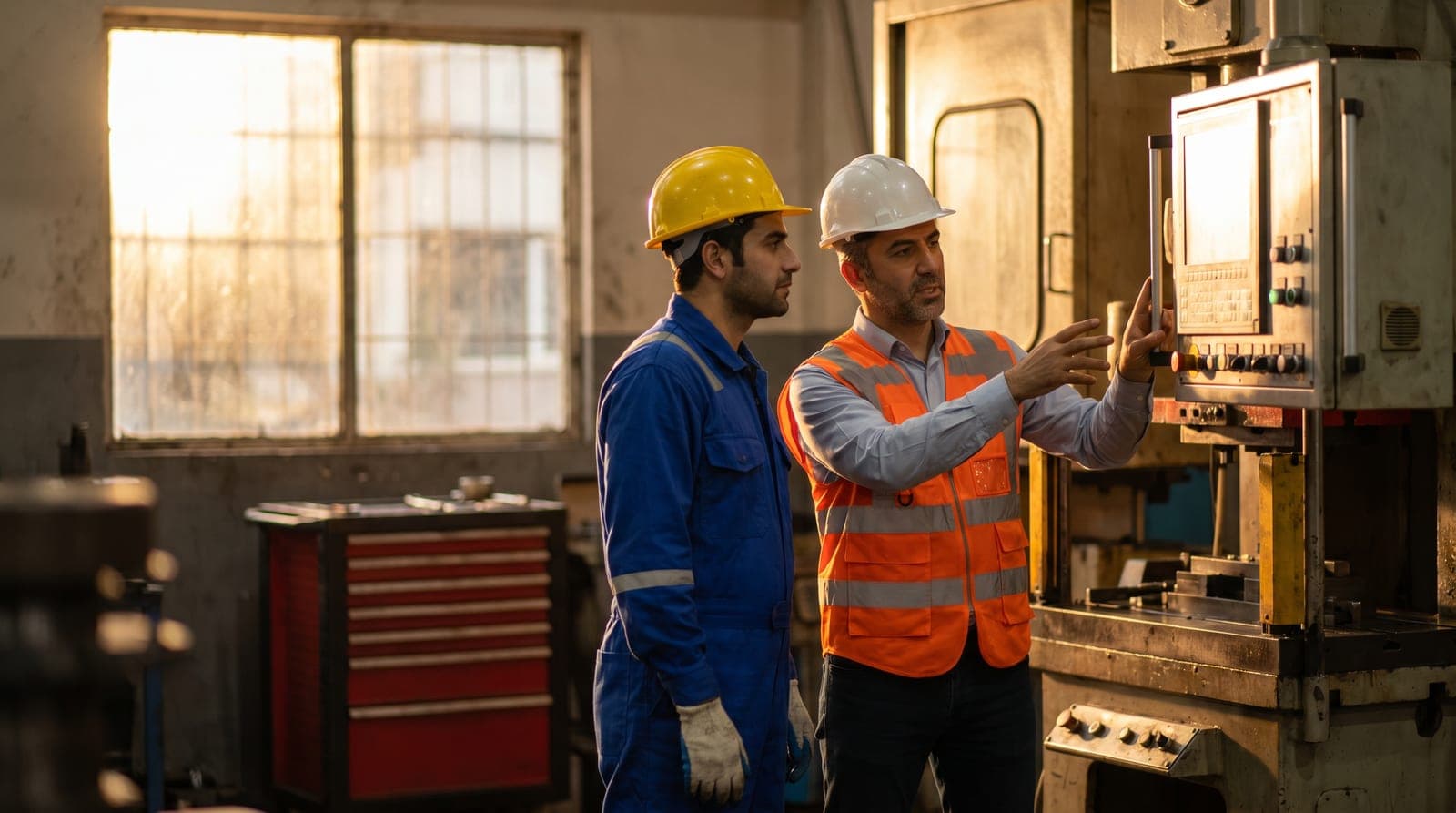 Fabrika ortamında iş güvenliği uzmanı ve işçi iletişimi