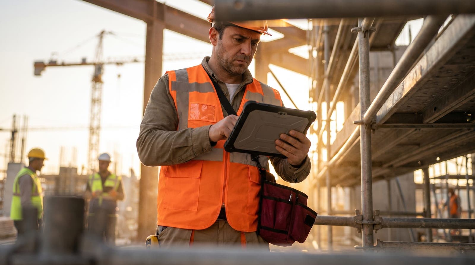 Şantiyede elinde tabletle risk değerlendirmesi yapan baretli ve yelekli iş güvenliği uzmanı