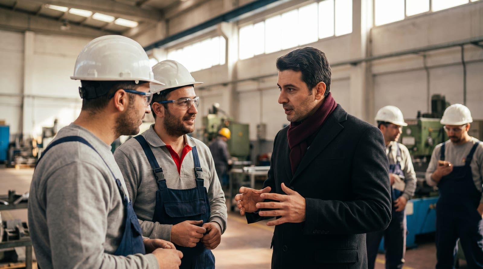 Sahada mavi yakalı çalışanlarla iletişim kuran iş güvenliği uzmanı