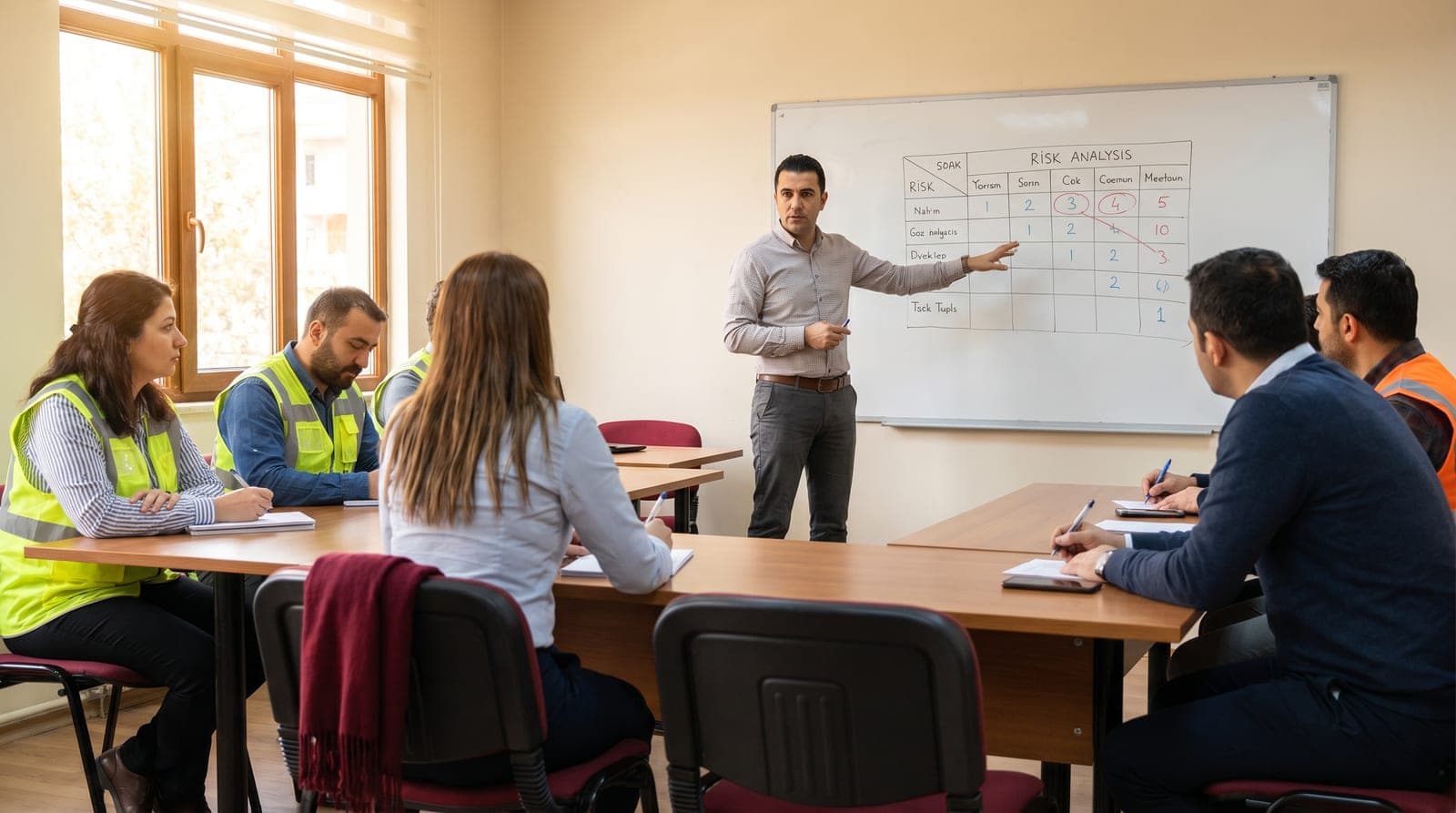 İSG profesyonellerine risk analizi eğitimi verilen modern sınıf ortamı