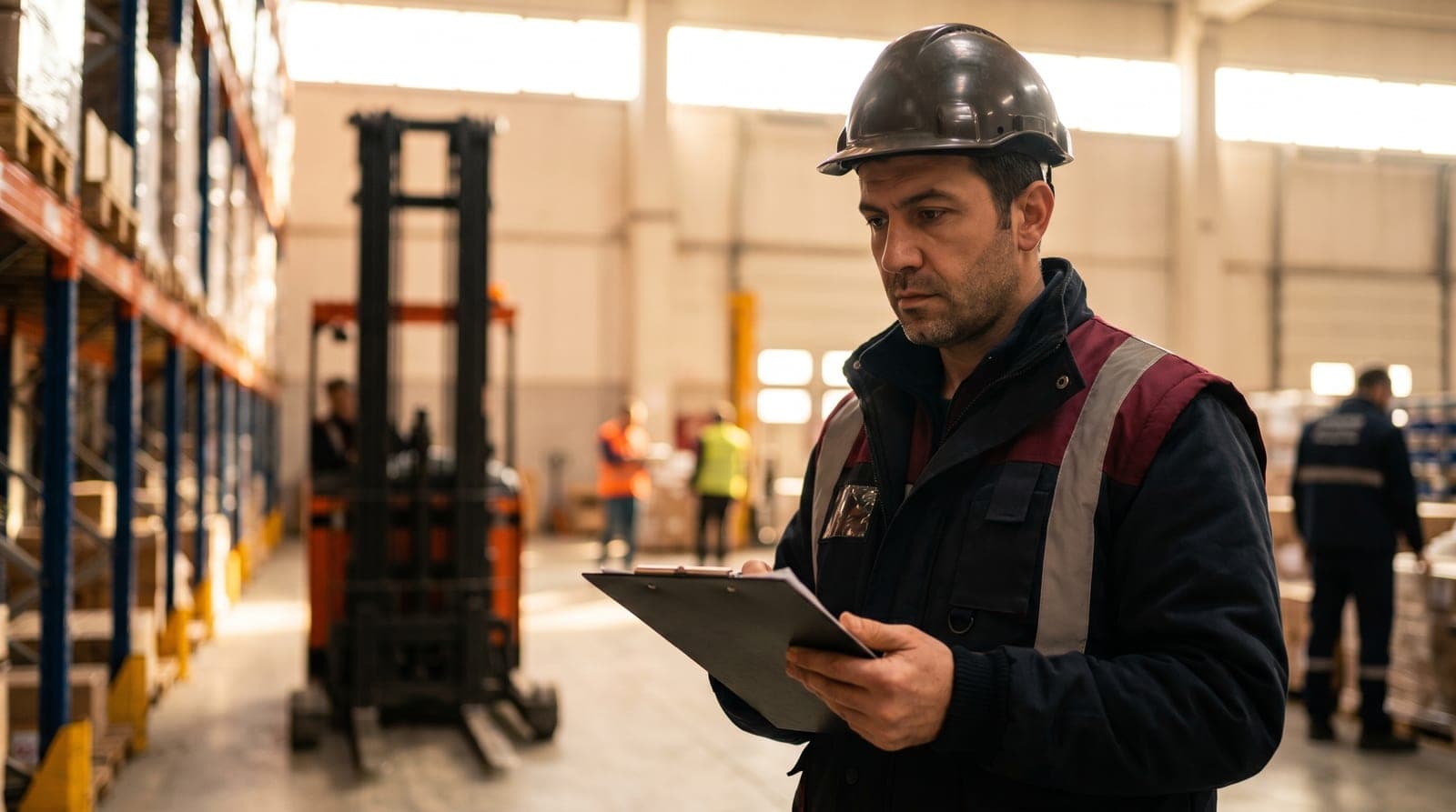 Lojistik deposunda forklift yollarını denetleyen iş güvenliği uzmanı