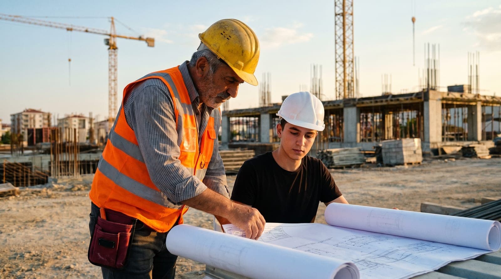 İş güvenliği uzmanı adayı ve eğitmen şantiyede baret ve fosforlu yeleklerle plan inceliyor