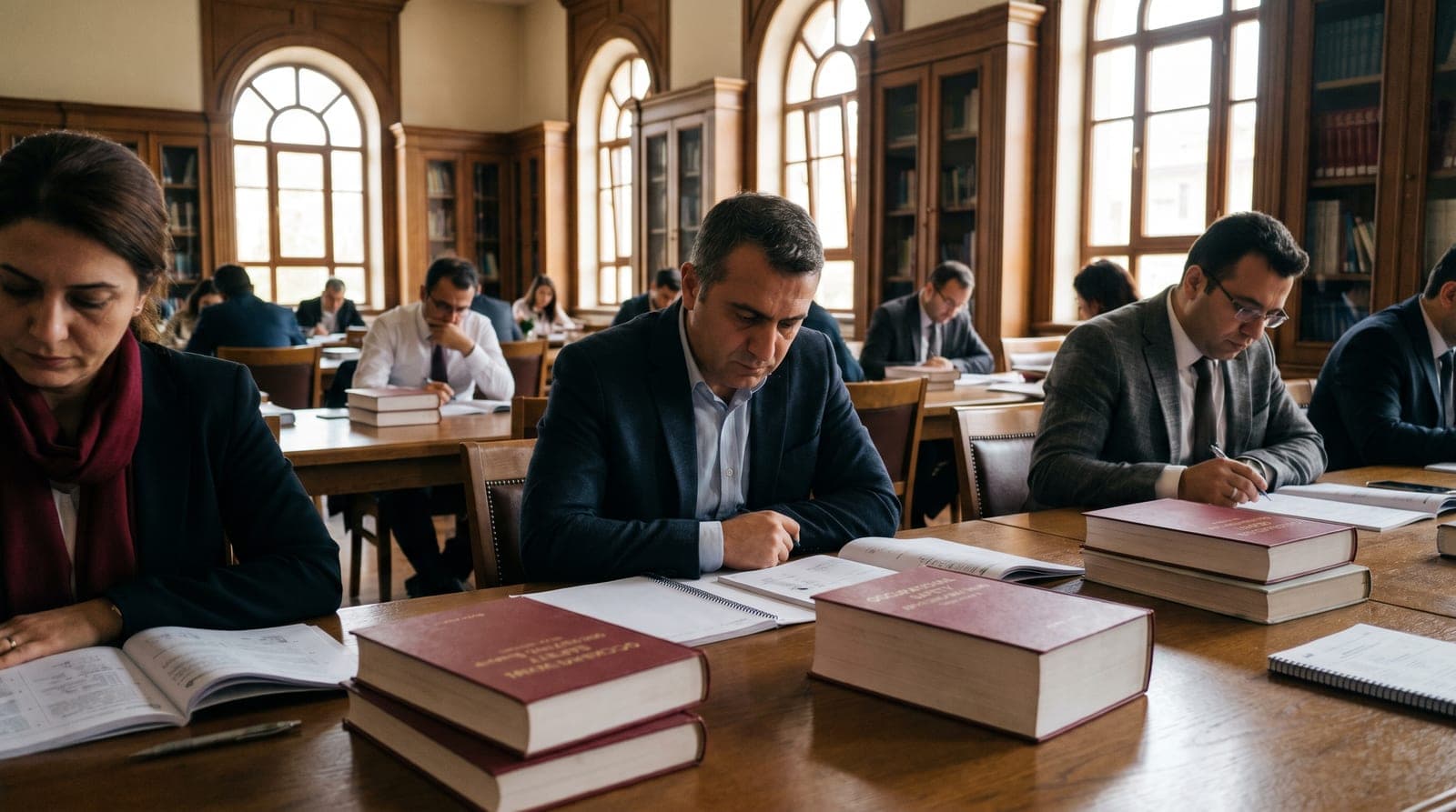 Kütüphanede İSG deneme sınavı çözen profesyoneller