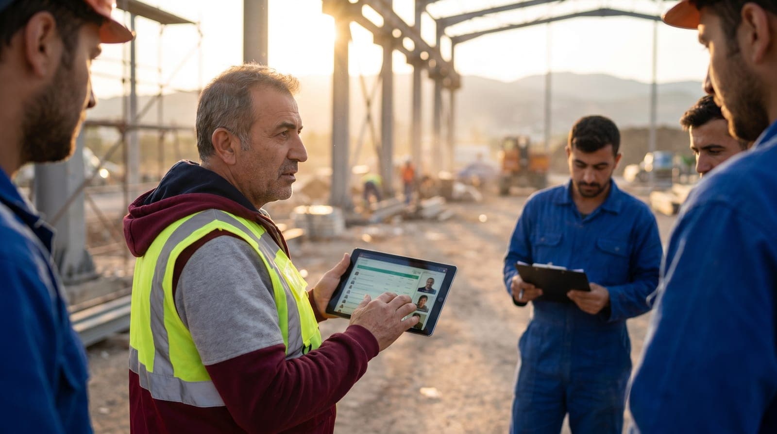 Sahada çalışanların İSG yenileme eğitimi tarihlerini tablet üzerinden kontrol eden uzman