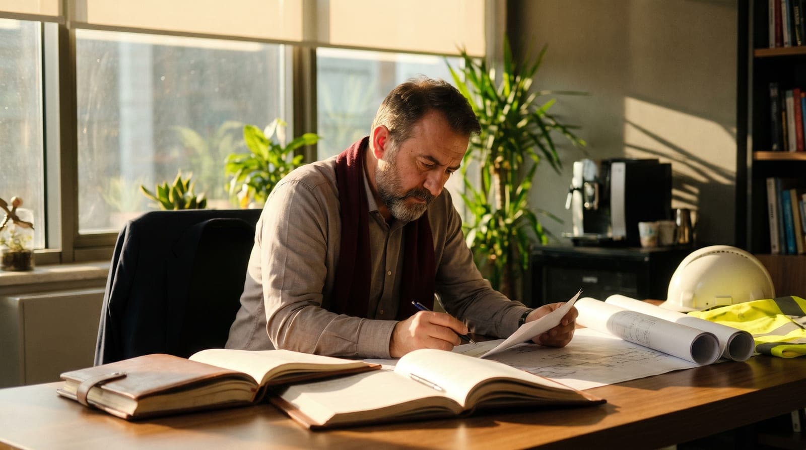 Baretli ve reflektörlü yelekli bir iş güvenliği uzmanının ofiste yüksek lisans tezini ve projelerini incelemesi