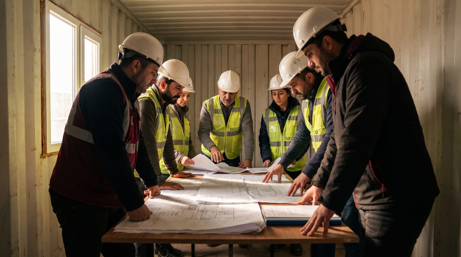 İş güvenliği uzmanları şantiye ofisinde risk analizi toplantısında