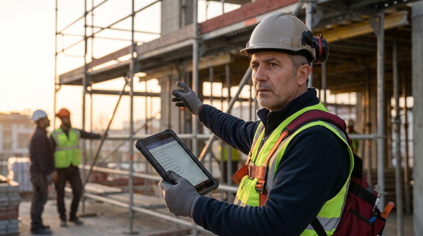 Şantiyede dijital tablet ile güvenlik denetimi yapan İSG profesyoneli