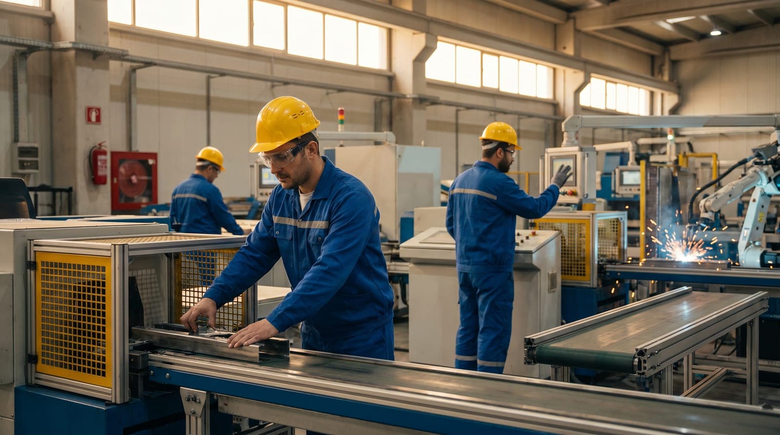 Tehlikeli sınıfta yer alan üretim fabrikası ve güvenli çalışan işçiler