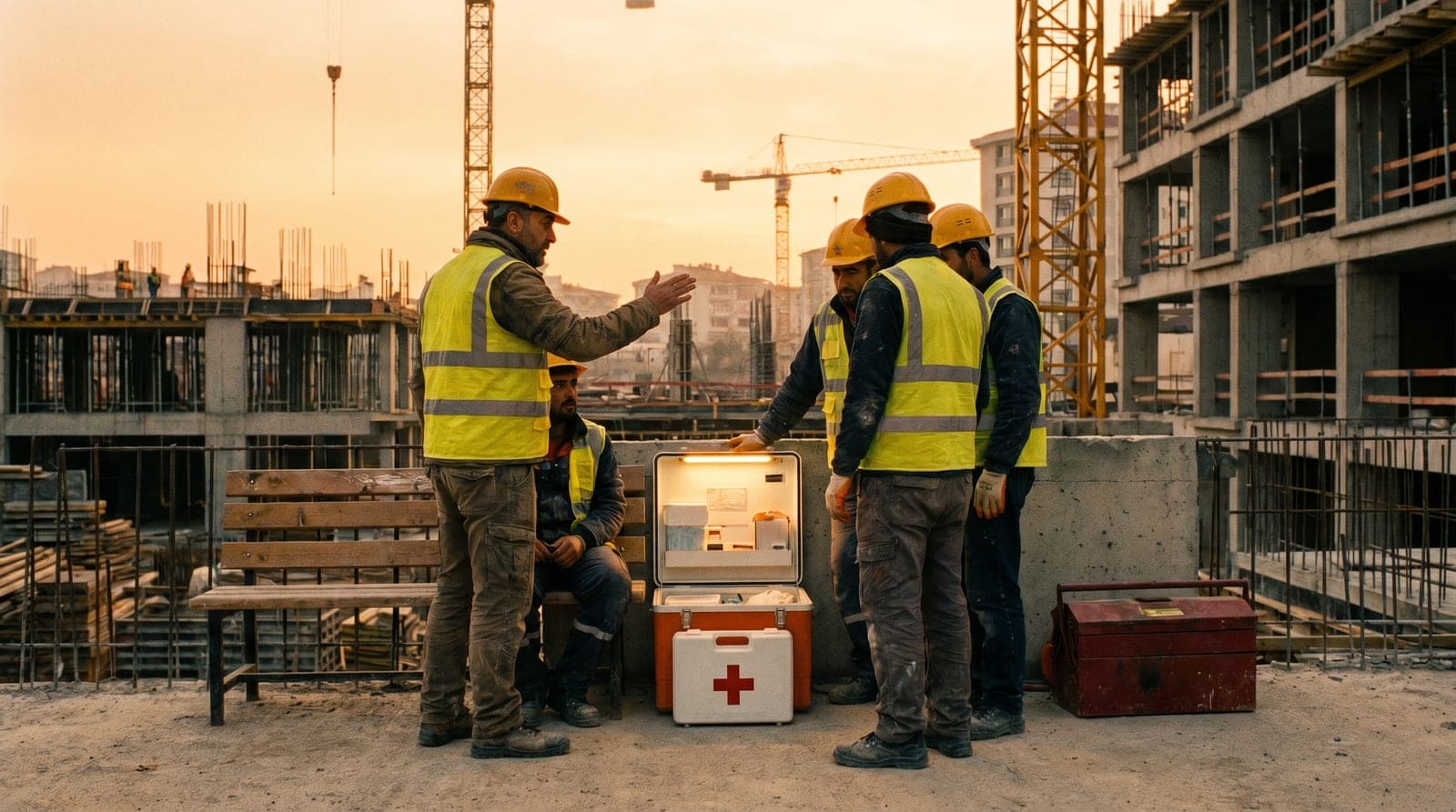 Baretli ve reflektörlü yelekli bir iş güvenliği uzmanı ilk yardım dolabını kontrol ediyor