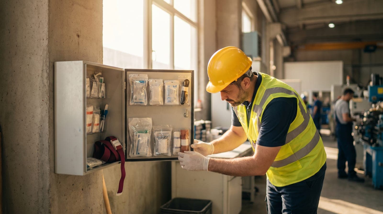 Fabrika ortamında duvara monte edilmiş ilk yardım çantası denetimi