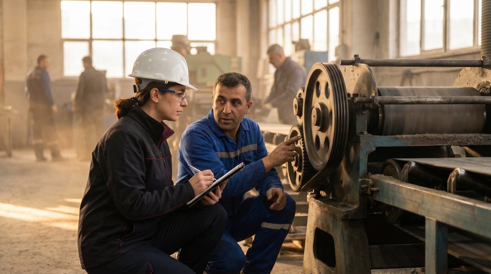 Fabrika üretim bandında işçilerle konuşarak tehlikeleri not alan baretli uzman