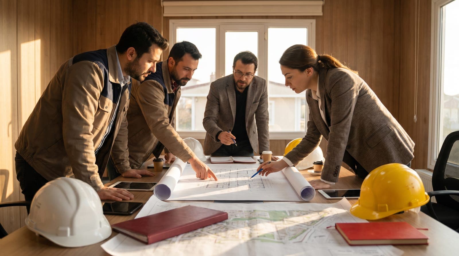Toplantı masasında risk değerlendirme planları üzerinde çalışan İSG ekibi