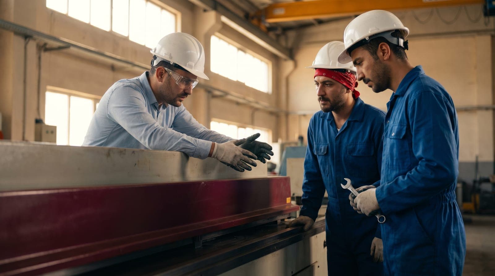 Fabrika ortamında çalışanlara iş güvenliği kurallarını anlatan uzman