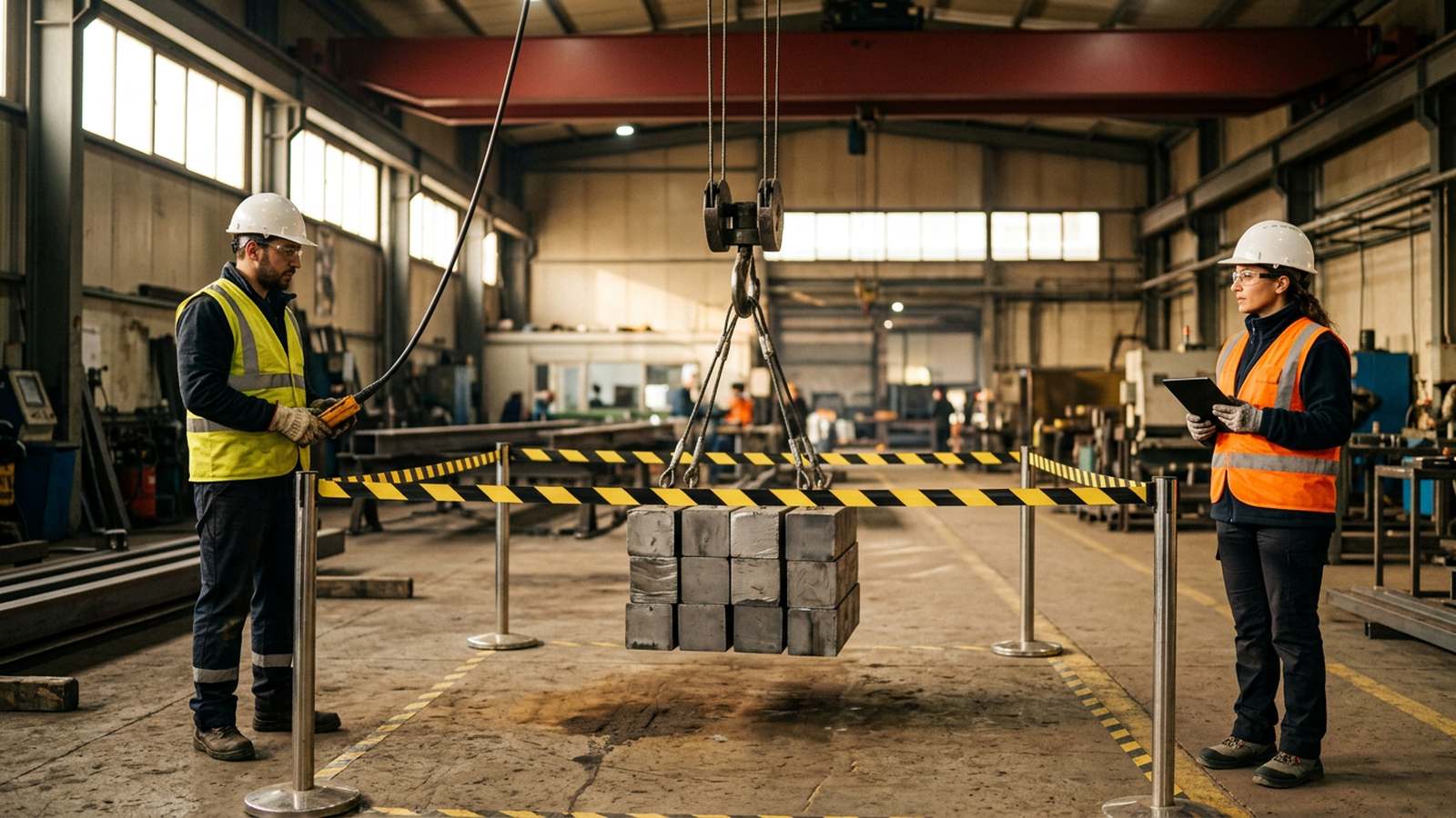 Fabrikada köprülü vinç test ağırlıklarını kaldırırken mühendis yükün altından uzakta durup kumanda eden operatörü izliyor