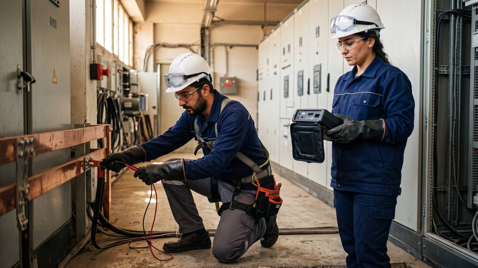 Elektrik mühendisi fabrikanın ana dağıtım panosu yanında topraklama direncini ölçüyor, teknisyen cihaz çantasını tutuyor