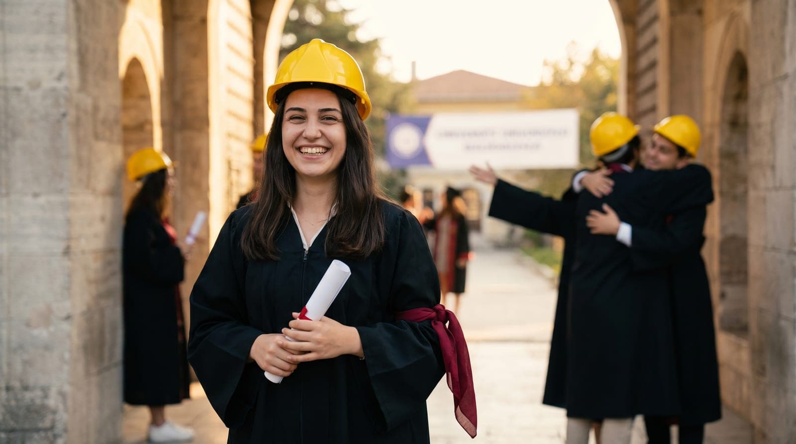Mezuniyet cübbesi ve baret ile C sınıfı uzmanlık belgesini kutlayan yeni mezun
