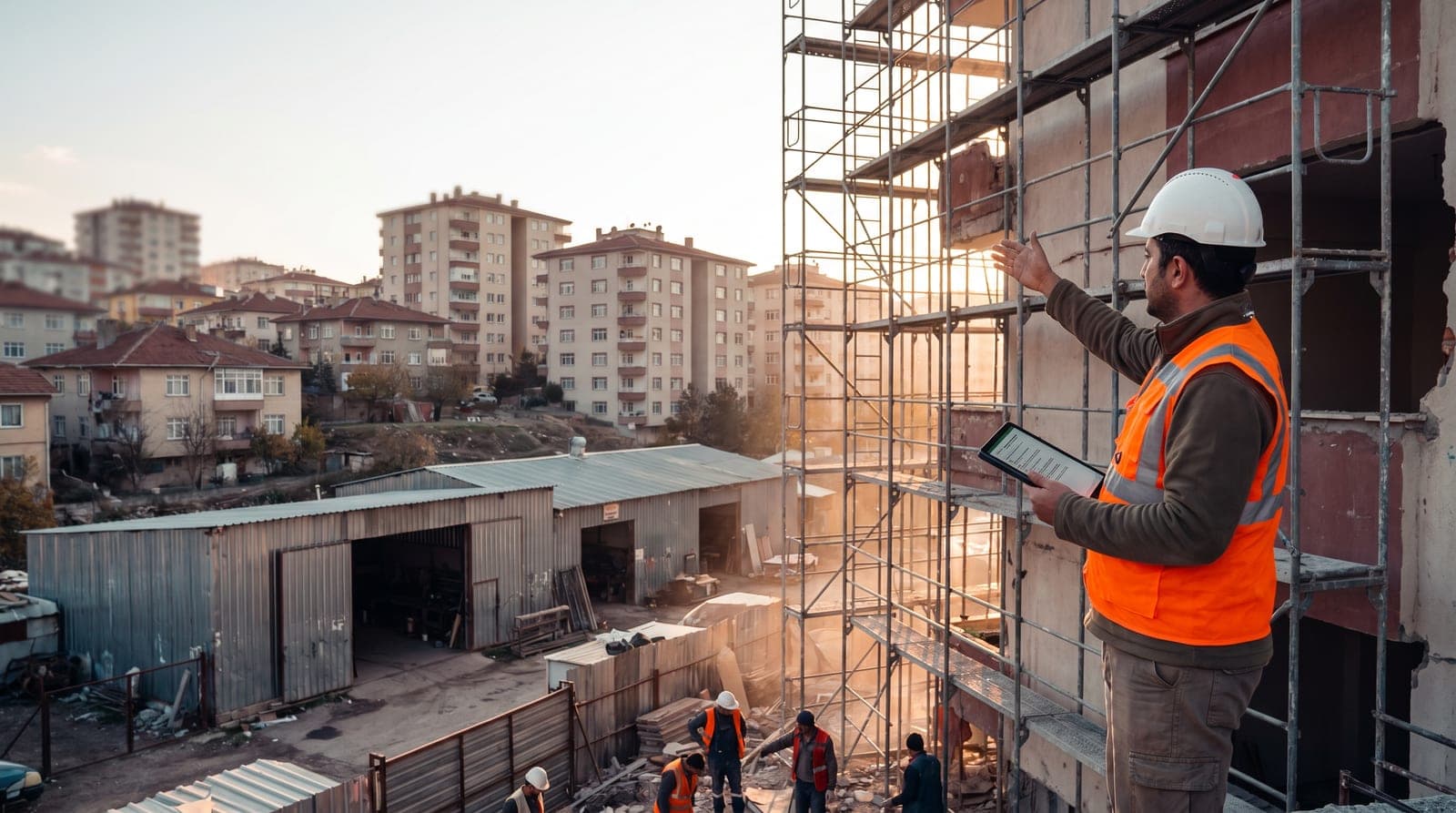 Keçiören iş güvenliği kursu — kentsel dönüşüm şantiyesinde baretli iş güvenliği uzmanı