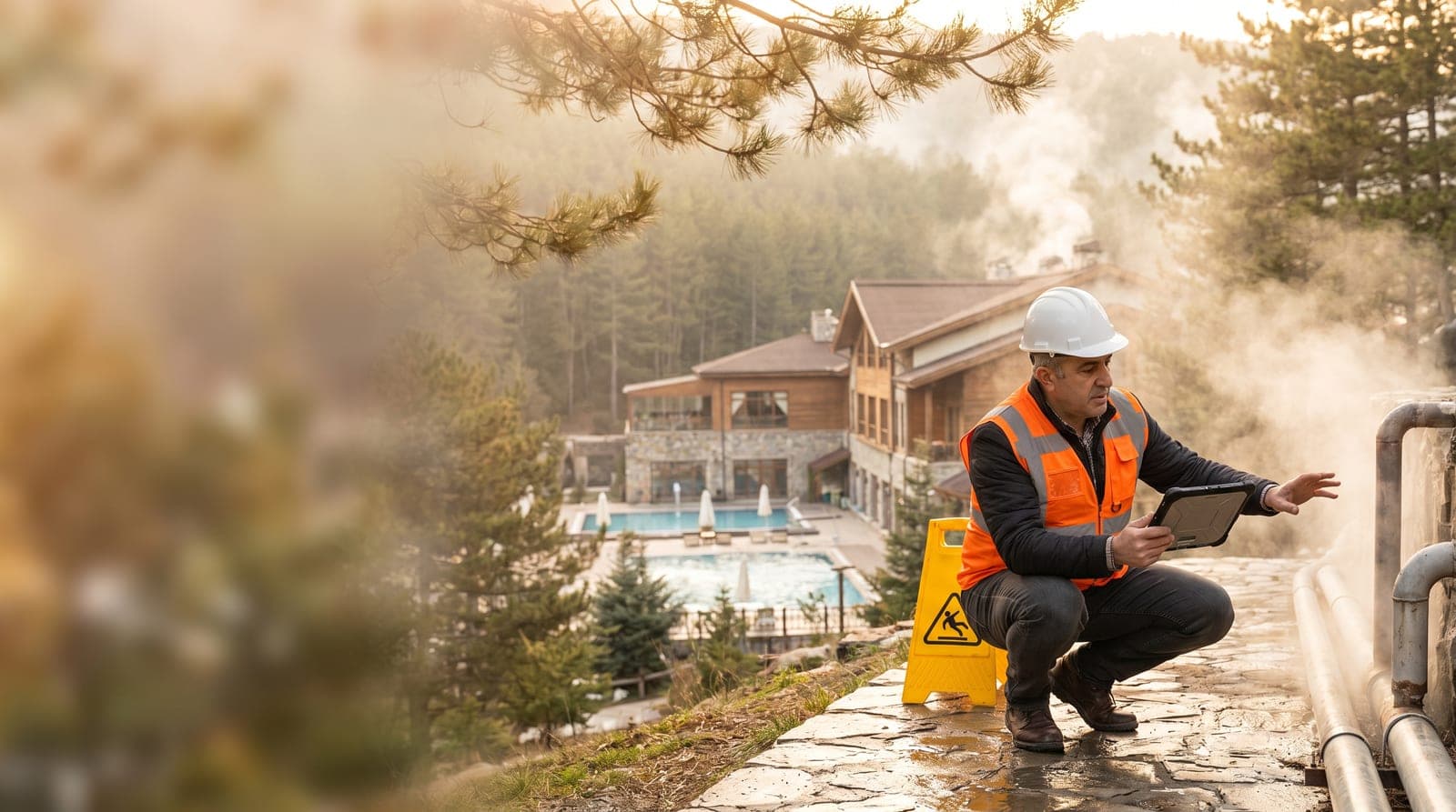 Kızılcahamam iş güvenliği kursu — çam ormanları içindeki termal otelde baretli iş güvenliği uzmanı