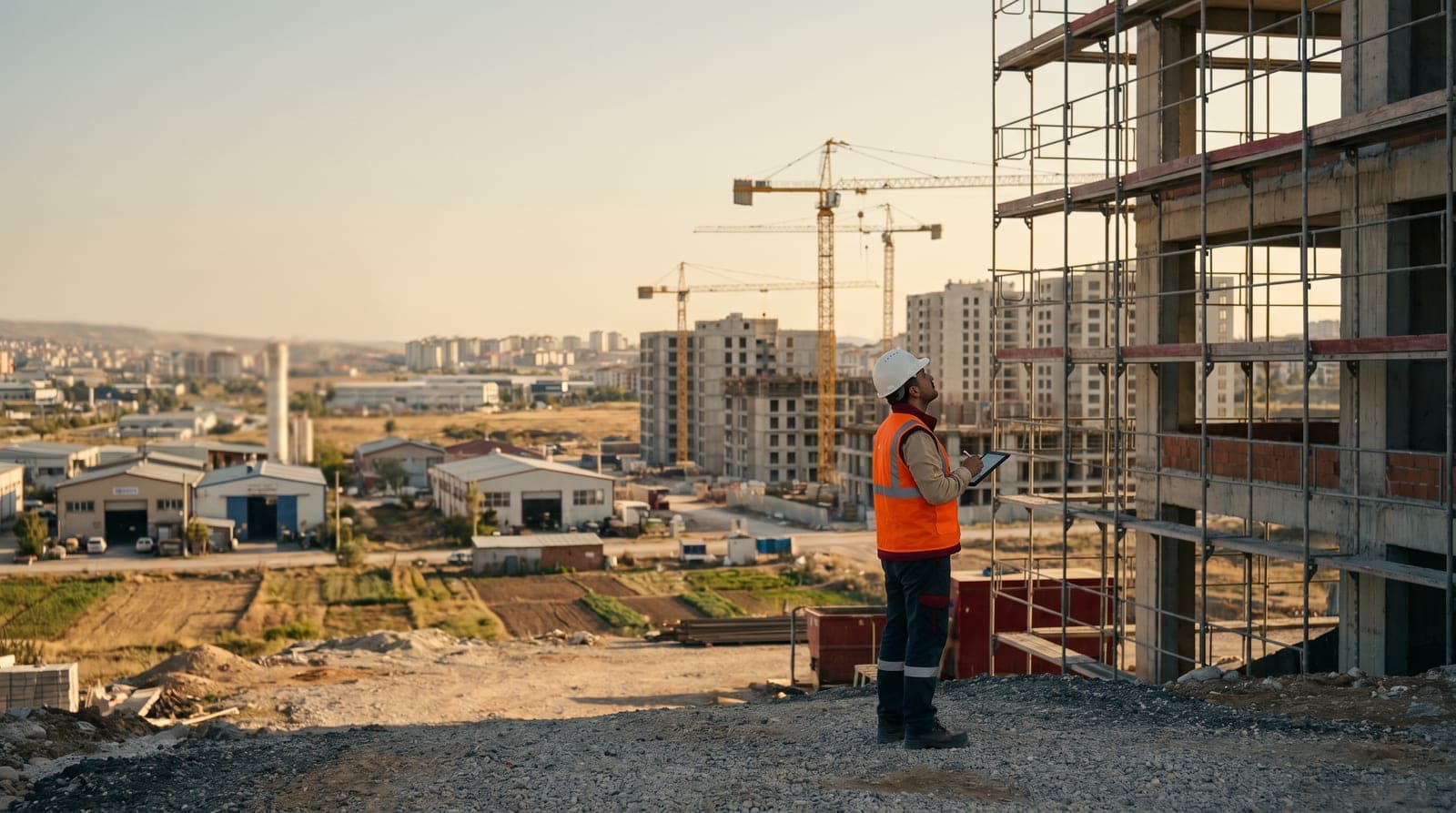 Pursaklar iş güvenliği kursu — yeni konut inşaat şantiyesinde baretli iş güvenliği uzmanı