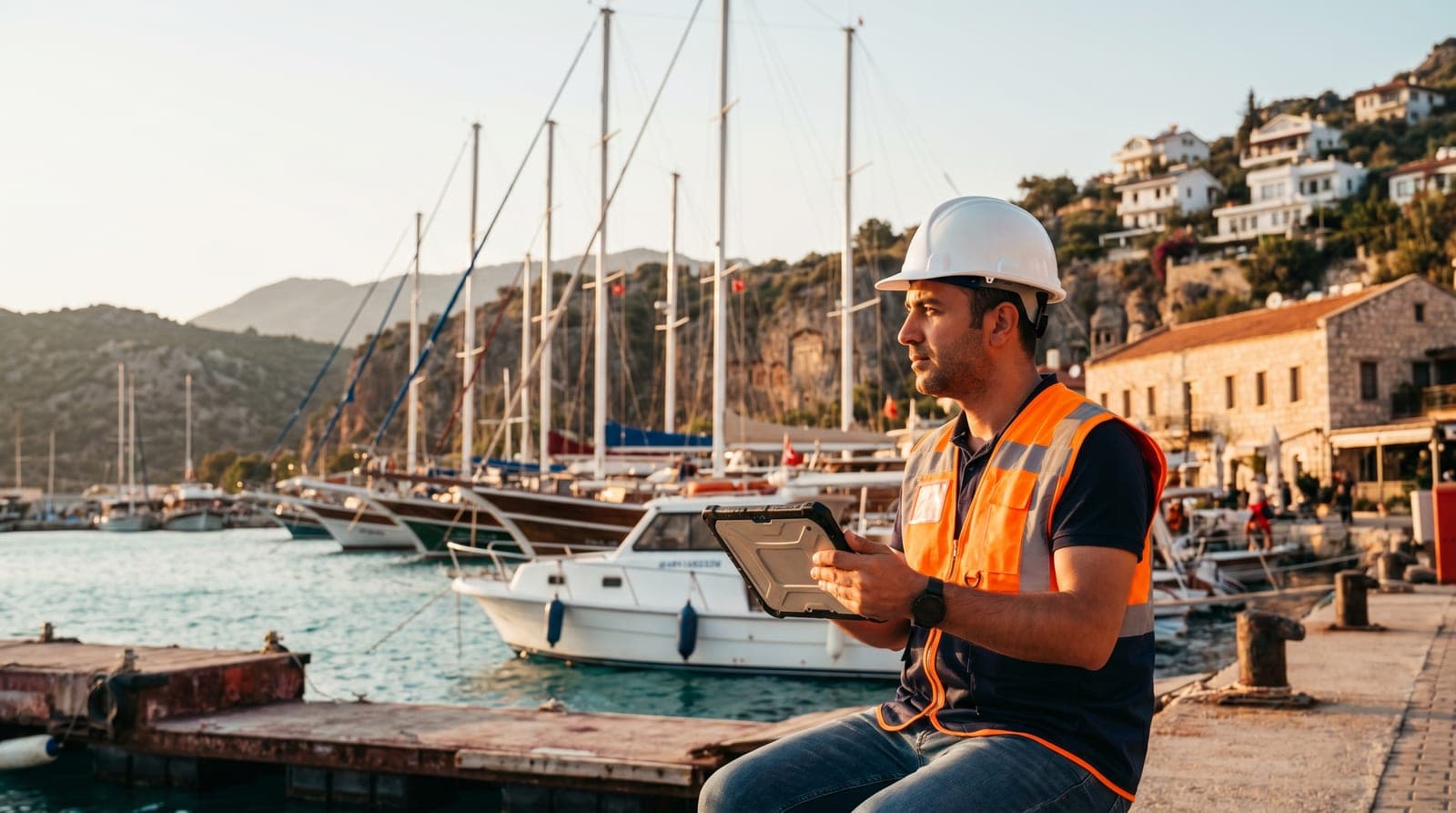 Kaş iş güvenliği kursu — yat limanı, dalış tekneleri ve koylar önünde baretli iş güvenliği uzmanı